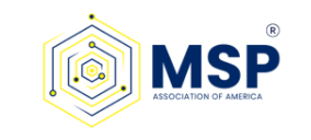Logo of MSP Association of America featuring a hexagonal design with interconnected lines and dots, alongside the text 