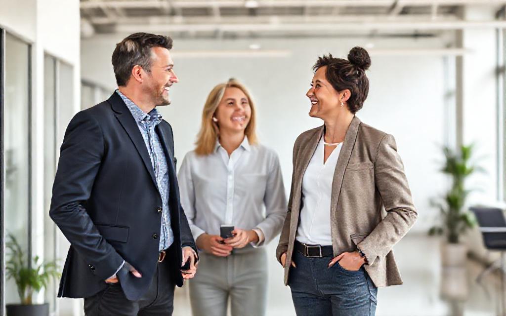 Three colleagues in a warm, friendly conversation in a bright office, illustrative