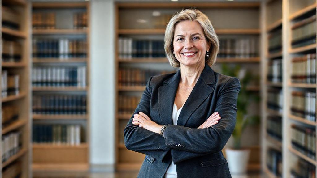 A smiling attorney in a law office, illustrative