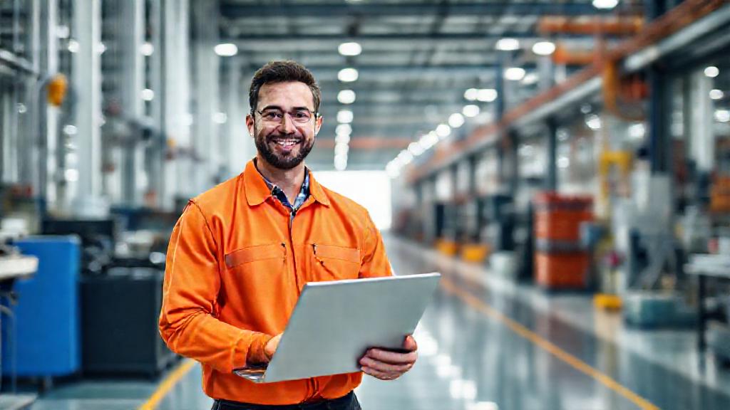 A smiling engineer on a modern factory floor, illustrative