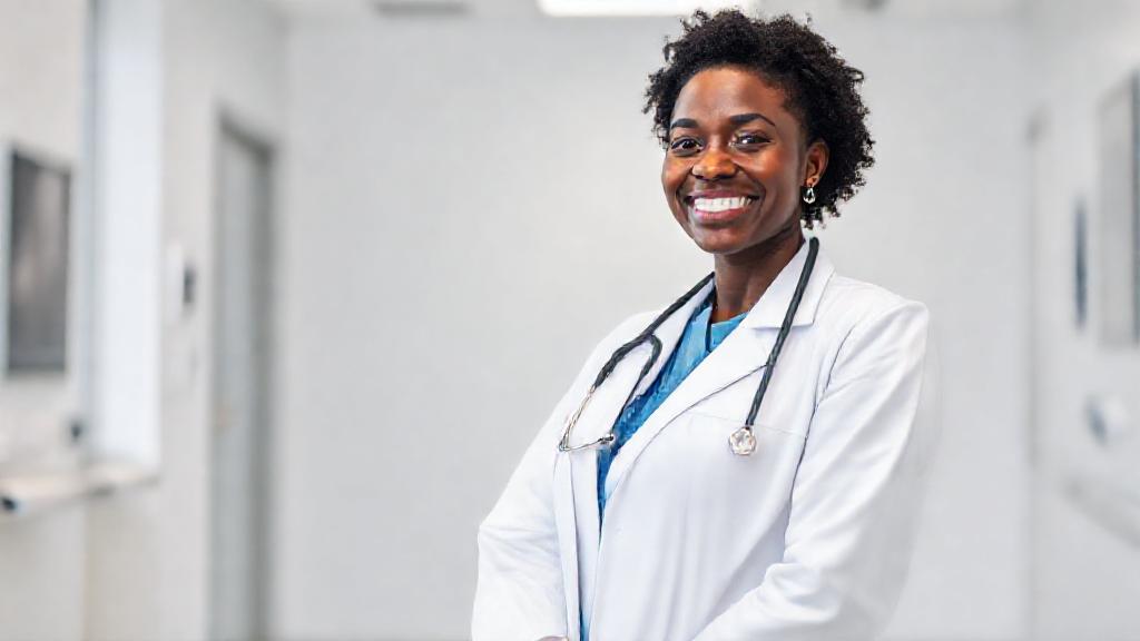 A smiling physician in a bright exam room, illustrative