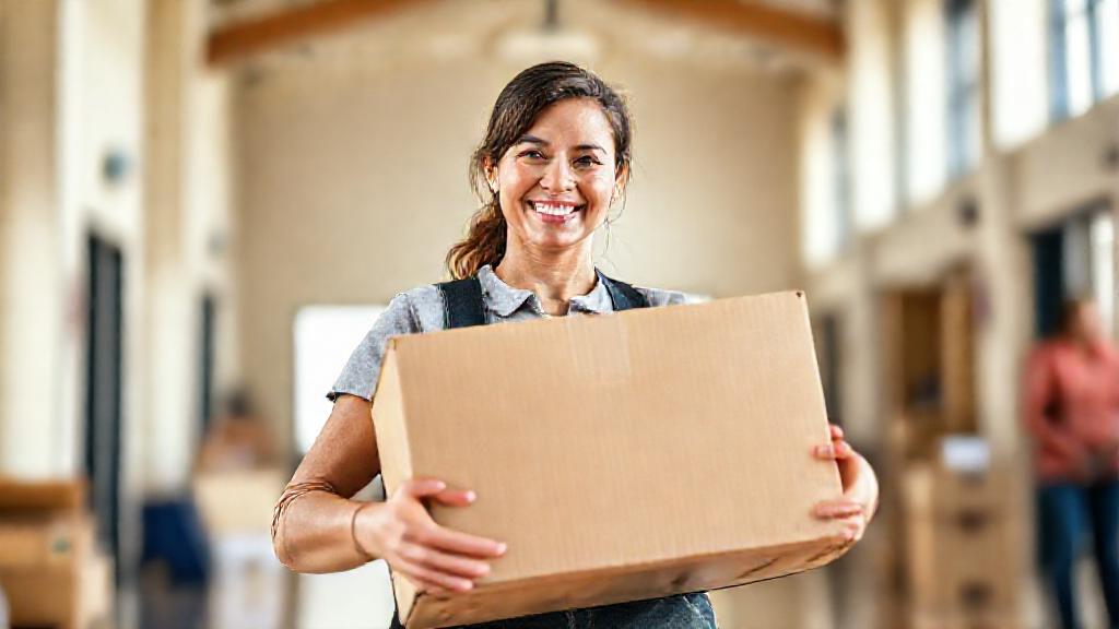 A smiling volunteer carrying a donation box, illustrative