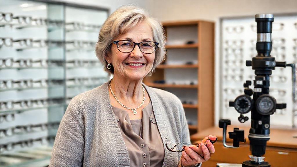 A smiling optometrist beside an exam instrument, illustrative