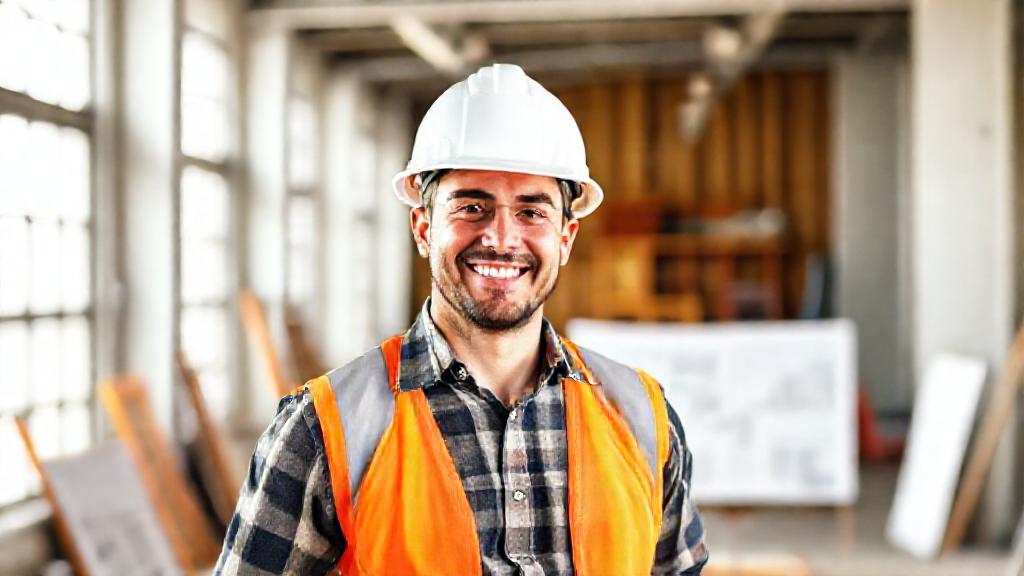 A smiling construction professional at a site office, illustrative