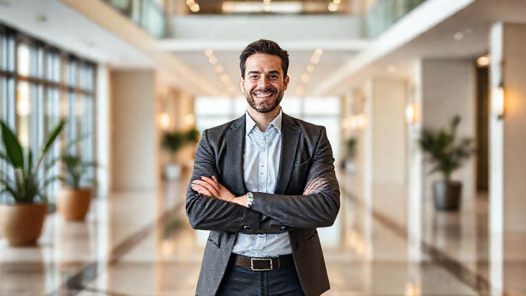 A smiling property manager in a bright modern lobby, illustrative