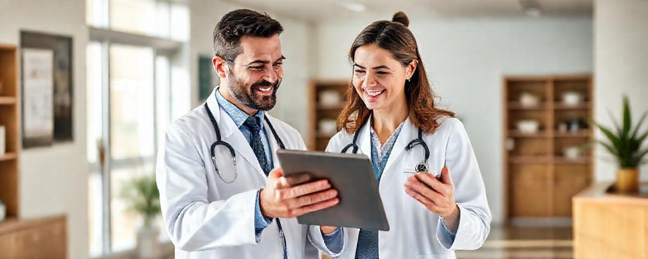 A consultant and a doctor smiling over a tablet in a bright medical practice, illustrative