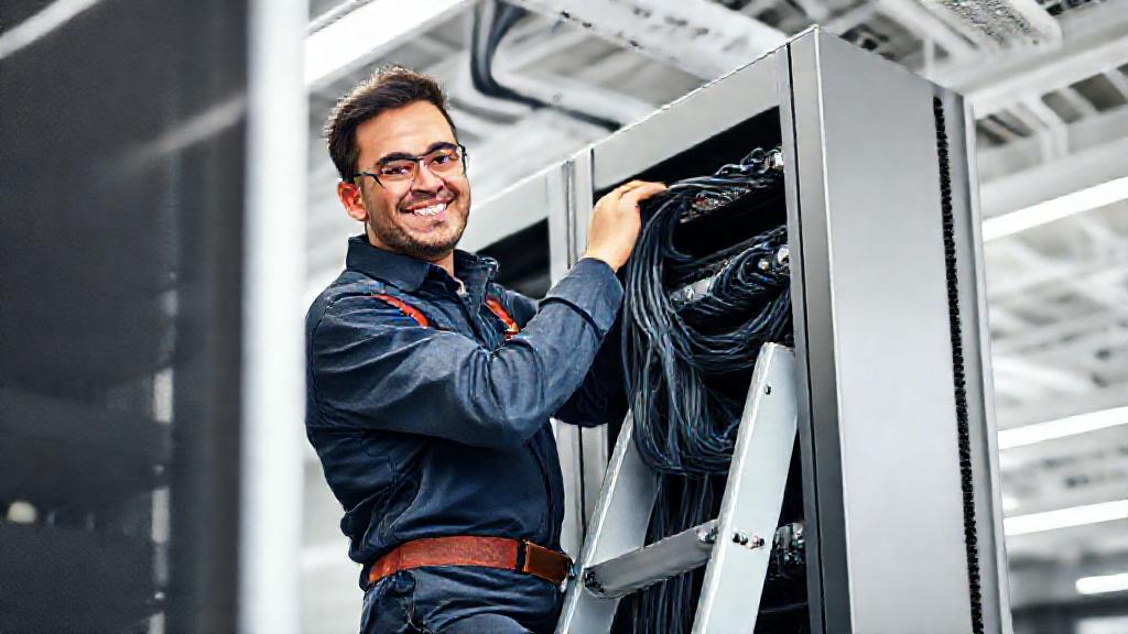 A smiling technician dressing network cables into a structured cabling rack, illustrative