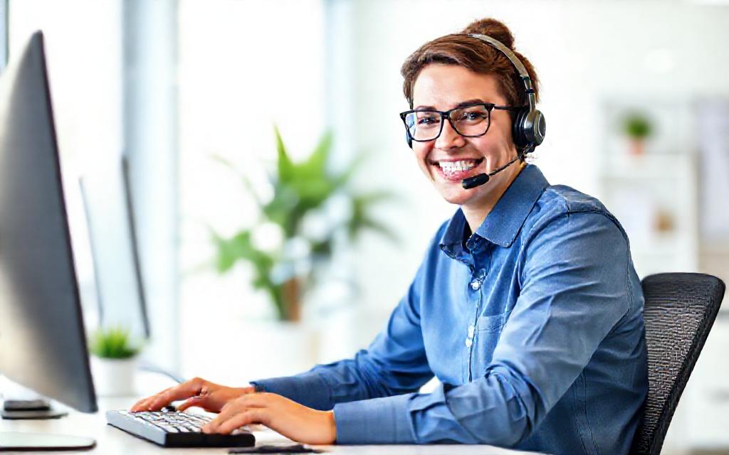 A cheerful support specialist on a call, illustrative